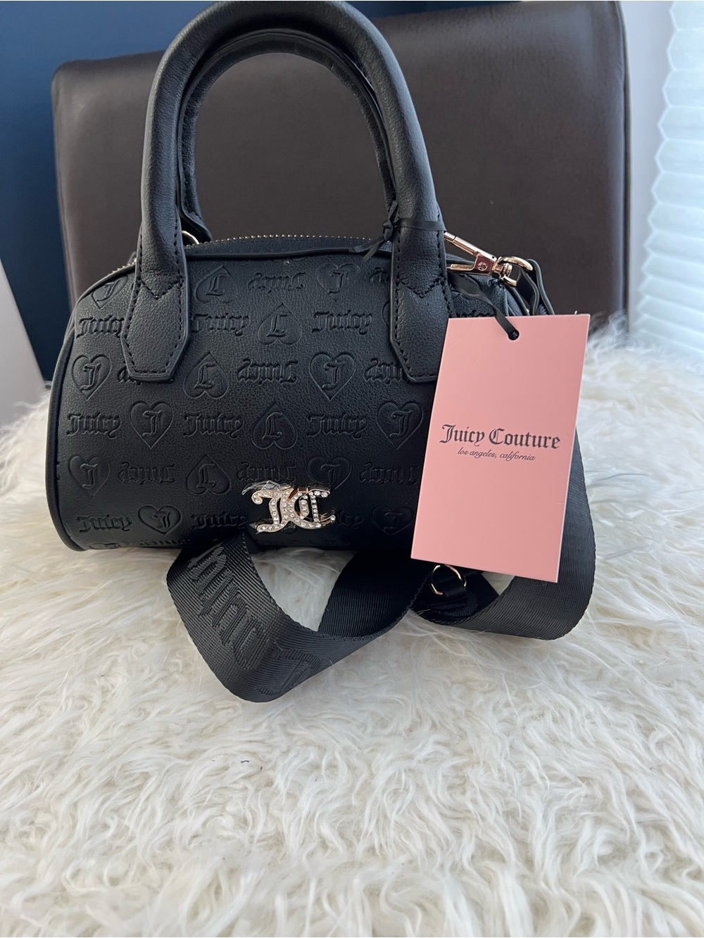 Juicy Couture Black Embossed Mini Satchel with JC Crystal Logo